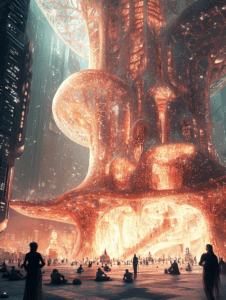 Mesmerizing Future of Massive Bioluminescent Architecture with Silhouetted Figures in Luminous Urban Plaza BIOPUNK DIGITAL PAINTING 18 x 24 Inch MineeForm Wall Art Poster