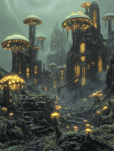 Towering Bioluminescent Mushroom Forest with Mist Shrouded Structures and Illuminated Pathways in a Lush Overgrown Landscape BIOPUNK DIGITAL PAINTING 18 x 24 Inch MineeForm Wall Art Poster