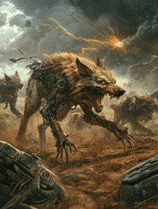 Cybernetic Wolf Pack Charging Across a Barren Landscape Under a Stormy Sky with Lightning and Fiery Explosions in the Background BIOPUNK DIGITAL PAINTING 18 x 24 Inch MineeForm Wall Art Poster