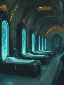 Futuristic Cryogenic Chamber with Luminous Blue Pods and Arched Metallic Ceiling in Subterranean Facility BIOPUNK DIGITAL PAINTING 18 x 24 Inch MineeForm Wall Art Poster