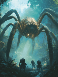 Colossal Arachnid Confrontation in Mystical Jungle with Armored Explorers Under Ethereal Sunbeams BIOPUNK DIGITAL PAINTING 18 x 24 Inch MineeForm Wall Art Poster