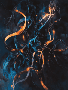 Luminous Tendrils Entwined in a Dark Abstract Setting with Deep Blues and Glowing Orange Highlights Biology Abstract 18 x 24 Inch MineeForm Wall Art Poster