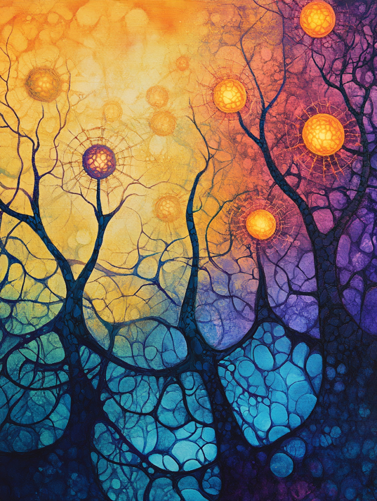 Vibrant Cellular Landscape with Radiant Spheres and Branching Patterns in a Spectrum of Warm and Cool Hues Biology Abstract 18 x 24 Inch MineeForm Wall Art Poster