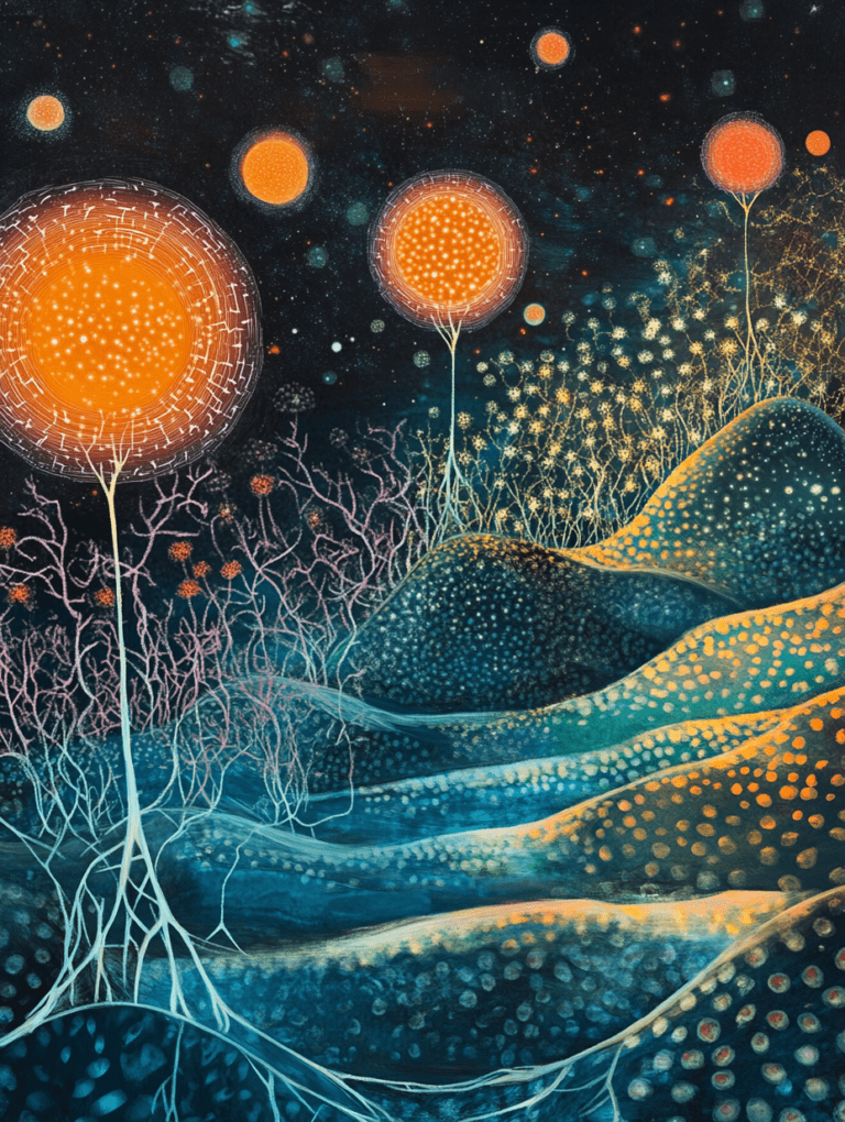 Cosmic Flora Illuminating the Night Sky with Vibrant Orange Spheres and Radiant Botanical Structures Biology Abstract 18 x 24 Inch MineeForm Wall Art Poster