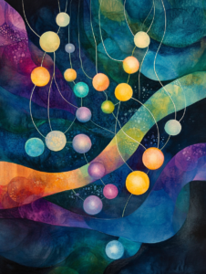 Vibrant Celestial Spheres Entwined in Fluid Cosmic Waves Against a Deep Multicolored Background Biology Abstract 18 x 24 Inch MineeForm Wall Art Poster