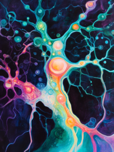 Vibrant Network of Neurons Illuminated in Dynamic Swirls of Electric Blue and Radiant Orange Amidst a Dark Cosmic Background Biology Abstract 18 x 24 Inch MineeForm Wall Art Poster