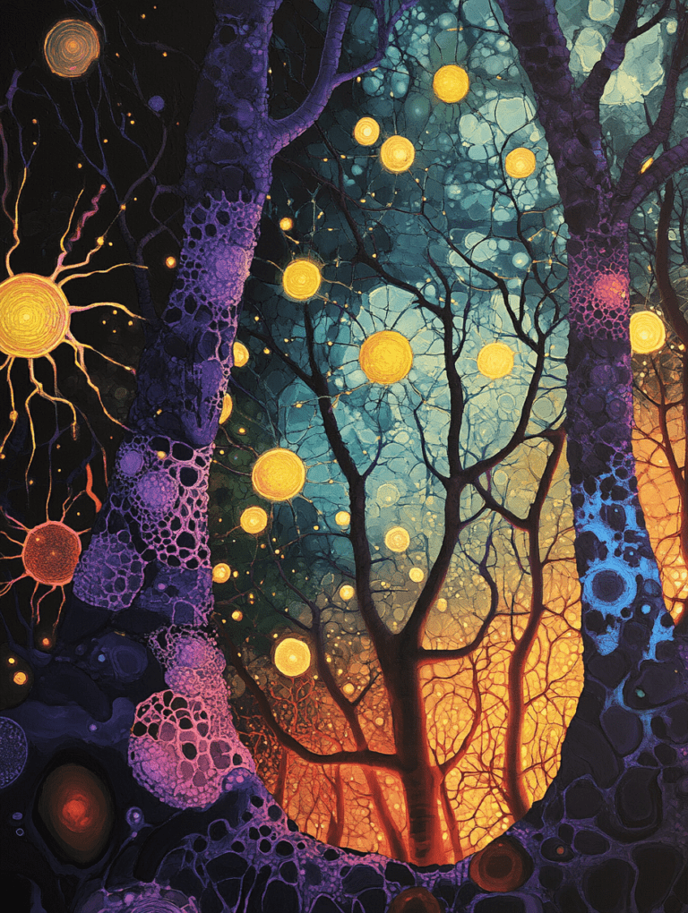 Mystical Forest with Luminous Spheres Beneath a Canopy of Intertwined Branches and Vivid Colors Biology Abstract 18 x 24 Inch MineeForm Wall Art Poster