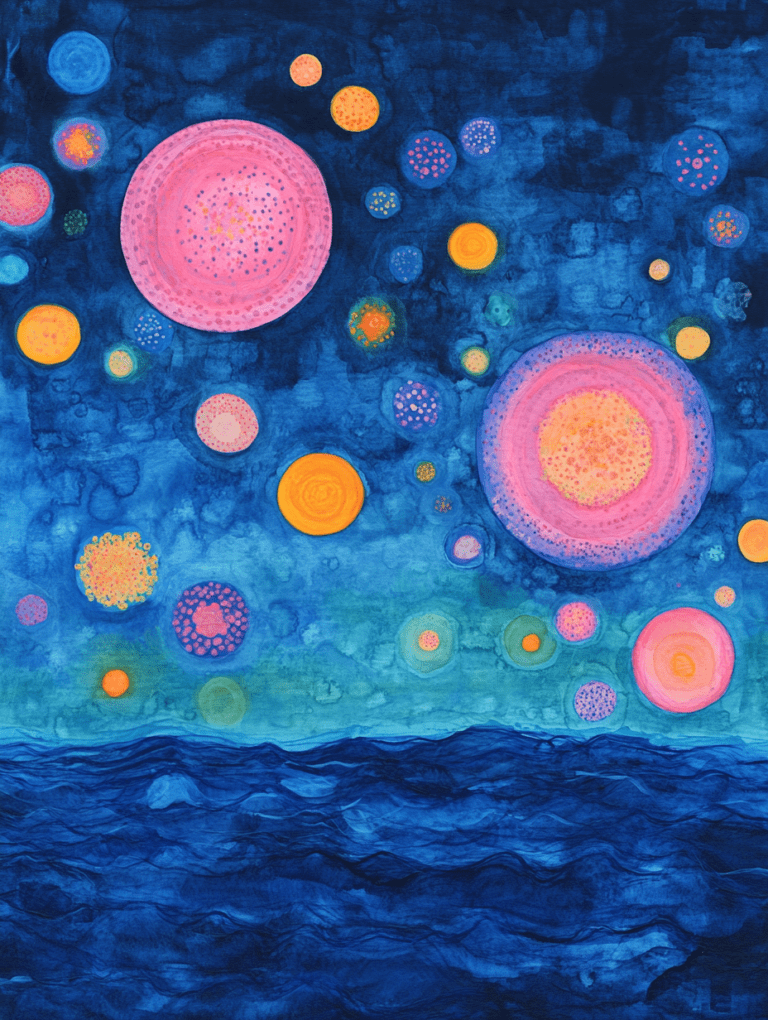 Starlit Ocean Dreamscape with Vibrant Cosmic Orbs Illuminating a Deep Cerulean Sky Over Gentle Waves Biology Abstract 18 x 24 Inch MineeForm Wall Art Poster