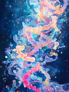 Vibrant Cosmic Dance of Double Helix Structures Amidst Celestial Nebulae and Radiant Particles Biology Abstract 18 x 24 Inch MineeForm Wall Art Poster