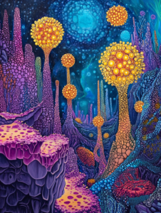 Vibrant Underwater Landscape with Bioluminescent Spheres and Colorful Coral Reef Structures in a Mystical Oceanic Abyss Biology Abstract 18 x 24 Inch MineeForm Wall Art Poster