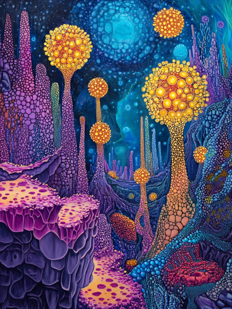 Vibrant Underwater Landscape with Bioluminescent Spheres and Colorful Coral Reef Structures in a Mystical Oceanic Abyss Biology Abstract 18 x 24 Inch MineeForm Wall Art Poster