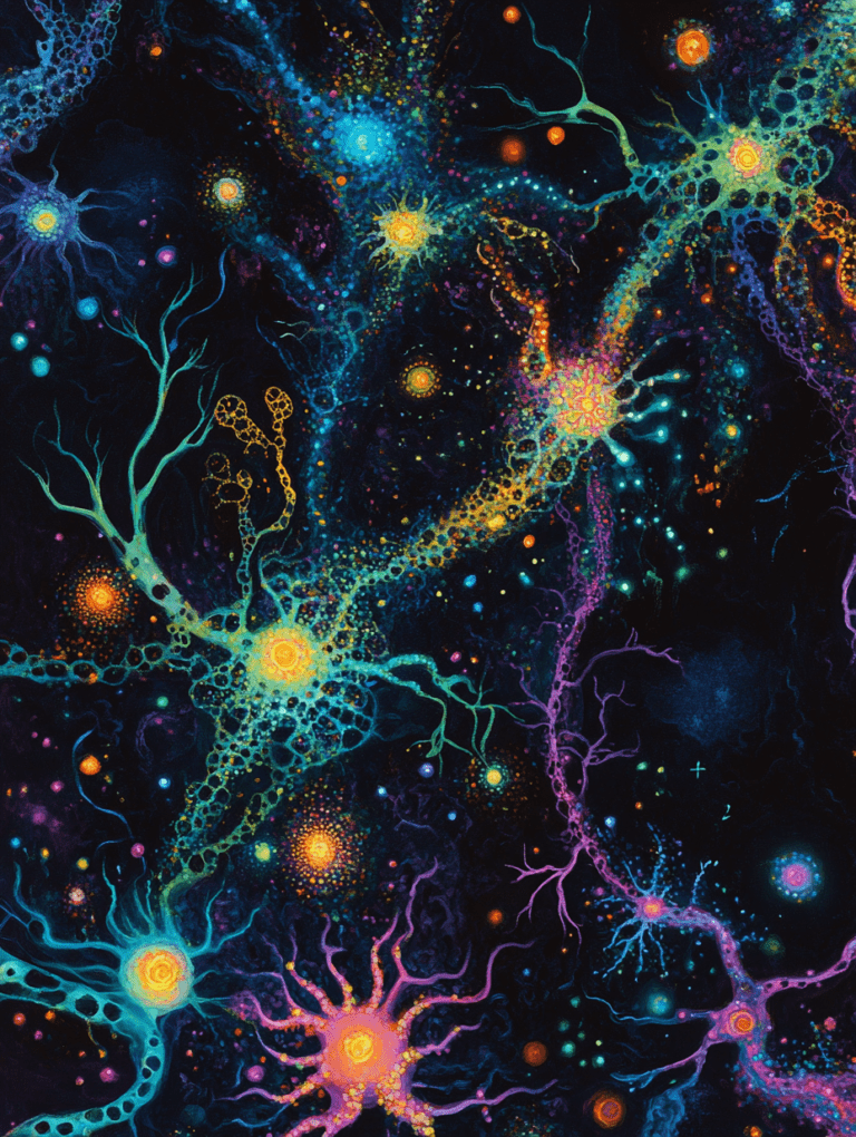 Vibrant Abstract Rendering of Glowing Neurons in a Cosmic Network Illumination with Radiating Patterns and Colorful Luminescent Orbs Biology Abstract 18 x 24 Inch MineeForm Wall Art Poster