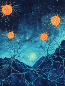 Luminous Orange Spheres Over Network of Vivid Blue Roots Among Mountainous Landscape Under Starry Sky Biology Abstract 18 x 24 Inch MineeForm Wall Art Poster