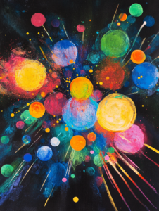 Vibrant Cosmic Symphony with Multicolored Spheres Against a Deep Black Background Exploding Outwards with Trails of Light and Bold Brush Strokes Biology Abstract 18 x 24 Inch MineeForm Wall Art Poster