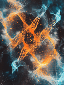 Vibrant Network of Interwoven Amber and Cyan Filaments Surrounded by Ethereal Mist and Luminescent Particles in a Cosmic Abstract Landscape Biology Abstract 18 x 24 Inch MineeForm Wall Art Poster