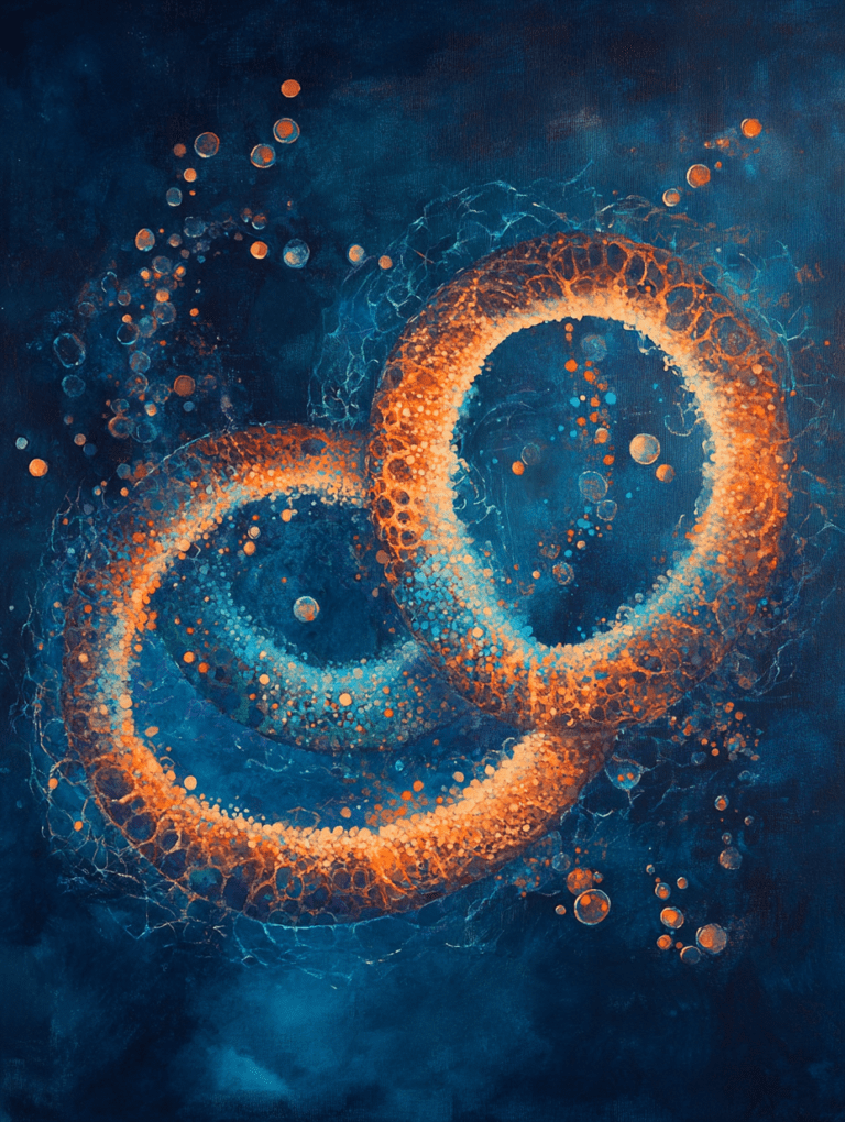 Vibrant Interlocking Rings with Orange and Blue Cellular Structures Amidst a Dreamlike Deep Sea Background Biology Abstract 18 x 24 Inch MineeForm Wall Art Poster