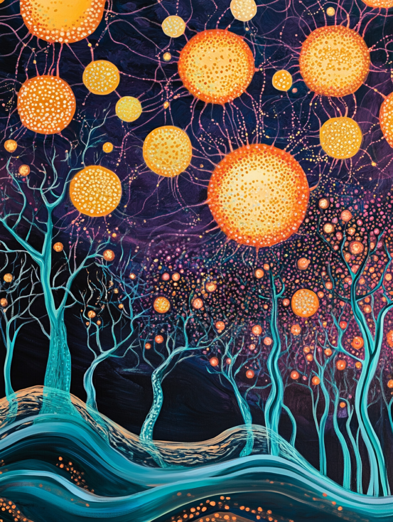 Celestial Forest with Luminous Spheres and Vibrant Blue Trees Under a Night Sky Biology Abstract 18 x 24 Inch MineeForm Wall Art Poster