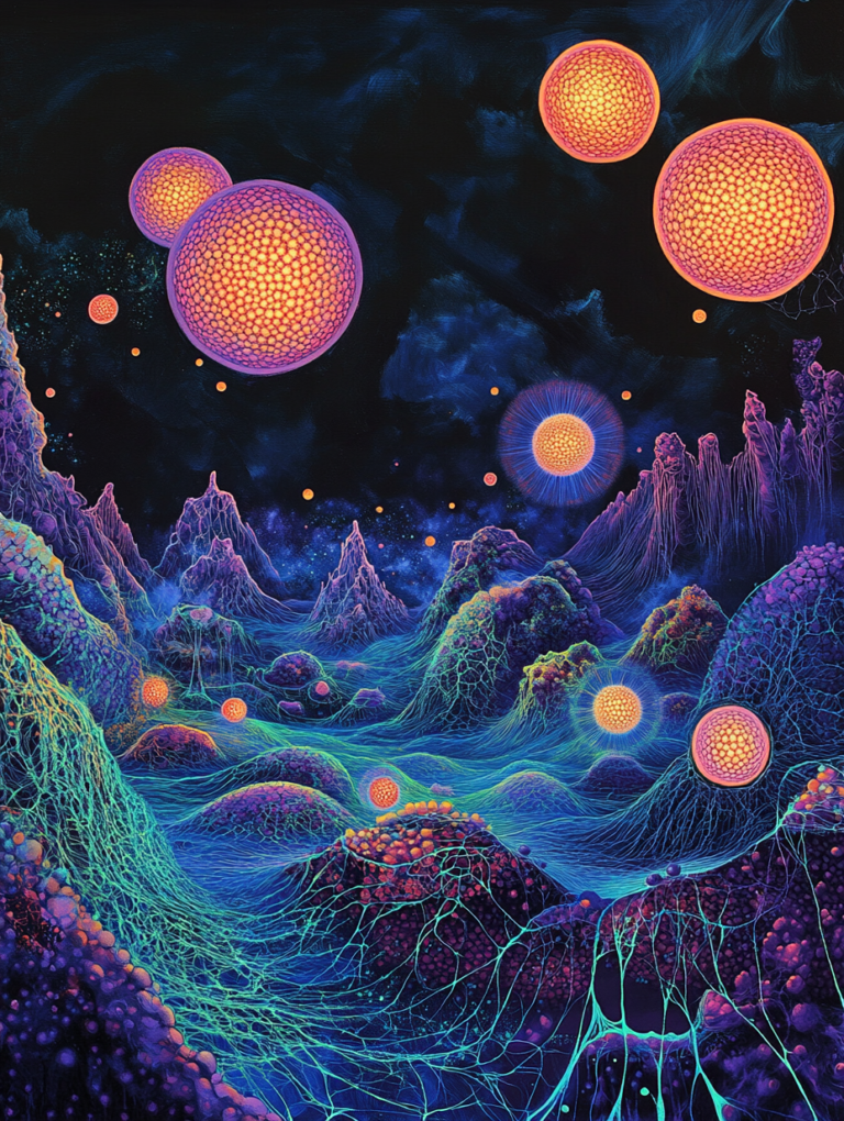 Radiant Spheres Journeying Over Cosmic Landscape of Undulating Hills and Vibrant Networked Terrain Biology Abstract 18 x 24 Inch MineeForm Wall Art Poster