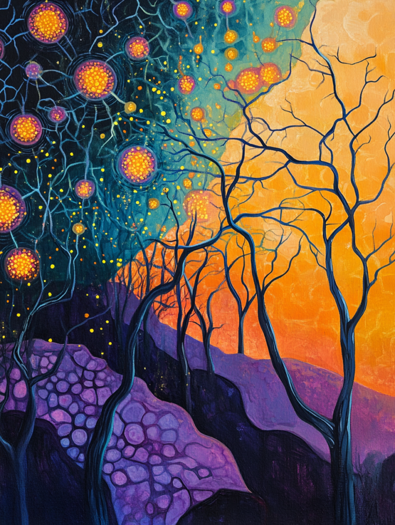 Enchanted Forest at Dusk with Vibrant Cosmic Orbs and Intertwining Branches Illuminated by a Radiant Sunset Sky Biology Abstract 18 x 24 Inch MineeForm Wall Art Poster