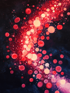 Radiant Cascade of Vibrant Red and Pink Spheres Set Against an Ethereal Dark Blue Background Biology Abstract 18 x 24 Inch MineeForm Wall Art Poster