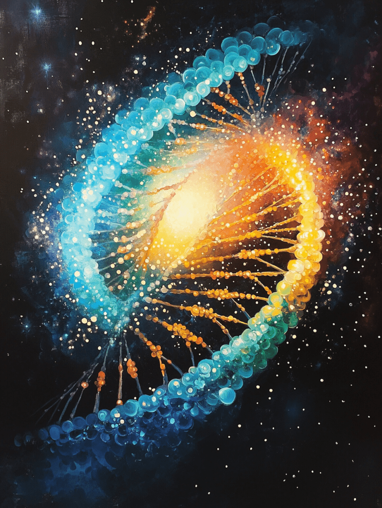 Luminous Cosmic DNA Helix Twisting Amidst a Starry Galactic Background in Vivid Blues and Oranges Biology Abstract 18 x 24 Inch MineeForm Wall Art Poster