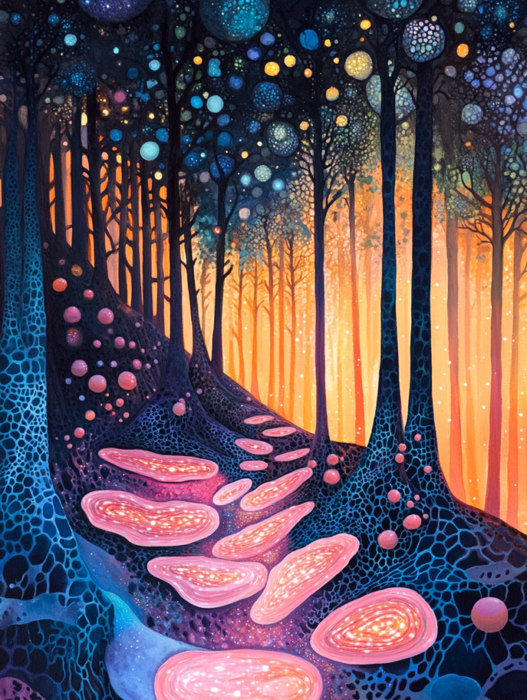 Ethereal Forest with Celestial Canopy and Luminous Pathway of Vibrant Colors and Mystical Patterns Biology Abstract 18 x 24 Inch MineeForm Wall Art Poster