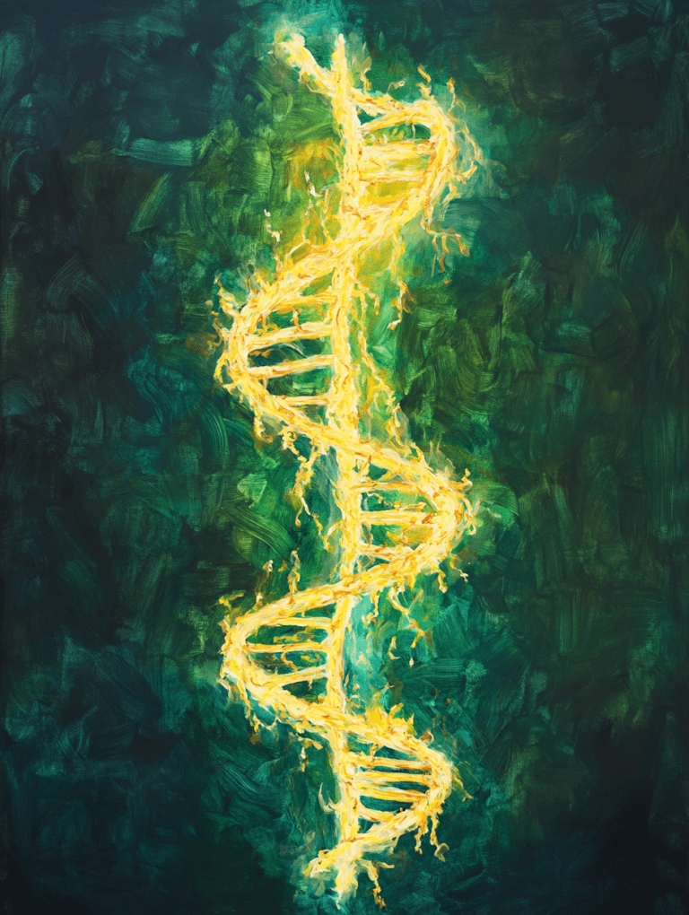 Radiant DNA Helix Illuminated Against a Vivid Green and Blue Brushstroke Background Biology Abstract 18 x 24 Inch MineeForm Wall Art Poster