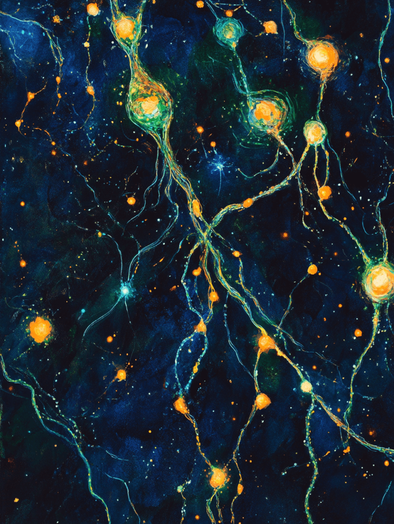 Enigmatic Neural Network in Vibrant Cosmic Hues with Luminous Orange and Green Cell Bodies and Interconnected Tendrils Against a Deep Nocturnal Background Biology Abstract 18 x 24 Inch MineeForm Wall Art Poster