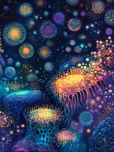 Vibrant Cosmic Dance of Microbial Lifeforms and Luminescent Neurons in a Cosmic Ocean of Colorful Organic Structures Against a Deep Midnight Background Biology Abstract 18 x 24 Inch MineeForm Wall Art Poster