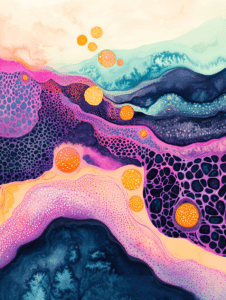 Vibrant Cellular Landscape with Colorful Membranes and Floating Spheres in Abstract Organic Pattern Biology Abstract 18 x 24 Inch MineeForm Wall Art Poster