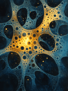 Luminous Cellular Patterns in Cosmic Blue with Radiant Yellow Accents Resembling a Microscopic Universe Biology Abstract 18 x 24 Inch MineeForm Wall Art Poster