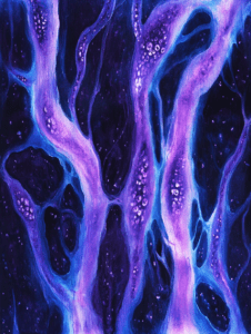 Ethereal Glow of Luminescent Tendrils in a Cosmic Ocean of Deep Indigo and Soft Violet with Intricate Bubble Patterns Biology Abstract 18 x 24 Inch MineeForm Wall Art Poster