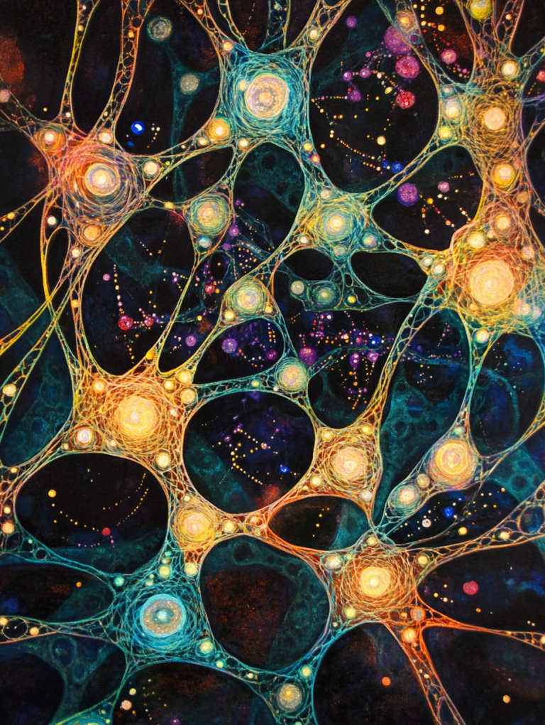 Intricate Cosmic Network of Glistening Neural Webs with Vibrant Abstract Luminous Orbs and Interwoven Filaments on Deep Celestial Background Biology Abstract 18 x 24 Inch MineeForm Wall Art Poster