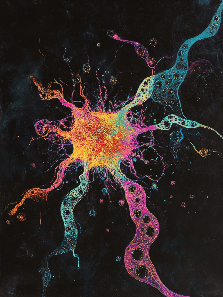 Brilliant Burst of Colorful Biological Neuron with Radiating Luminescent Network Against a Deep Cosmic Backdrop Biology Abstract 18 x 24 Inch MineeForm Wall Art Poster