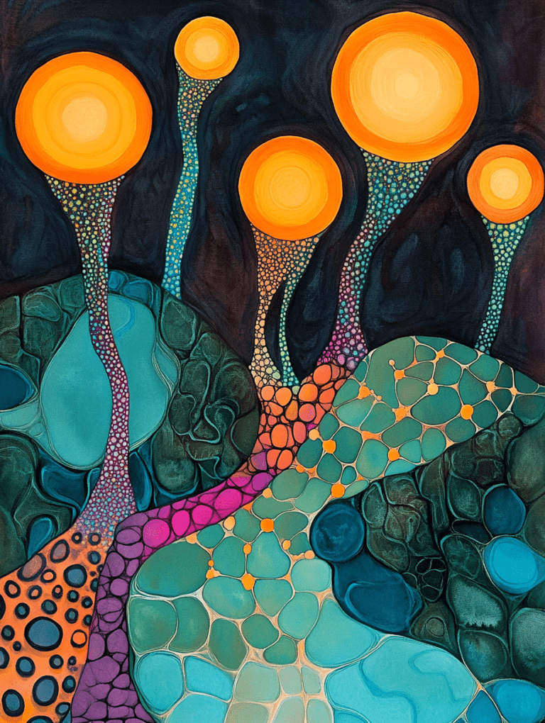 Vibrant Spheres and Organic Patterns Evoking Cellular Structures with Radiant Orange Discs and Flowing Network of Intricate Pathways in Deep Blue and Green Tones Biology Abstract 18 x 24 Inch MineeForm Wall Art Poster