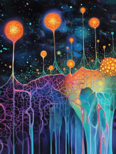 Illuminated Microbial Networks in a Cosmic Dreamscape with Luminous Spheres and Vibrant Filamentous Structures in a Vivid Dark Galaxy Biology Abstract 18 x 24 Inch MineeForm Wall Art Poster