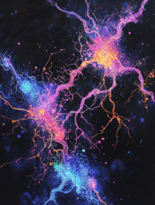 Vibrant Cosmic Neural Network with Luminescent Pink and Orange Tendrils Illuminating a Celestial Landscape of Deep Blues and Purples Biology Abstract 18 x 24 Inch MineeForm Wall Art Poster