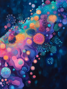 Vibrant Cosmic Microbial Dance in a Luminous Nebula of Colorful Spheres and Organic Structures Against a Deep Celestial Background Biology Abstract 18 x 24 Inch MineeForm Wall Art Poster