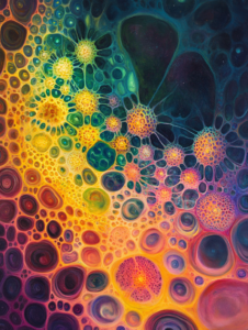 Vibrant Array of Colorful Cellular Shapes in Organic Circular Patterns with Interconnected Networks and Luminous Highlights in a Rainbow Spectrum Biology Abstract 18 x 24 Inch MineeForm Wall Art Poster