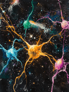 Vibrant Cosmic Neurons with Interconnected Tendrils in a Starry Night Sky Biology Abstract 18 x 24 Inch MineeForm Wall Art Poster