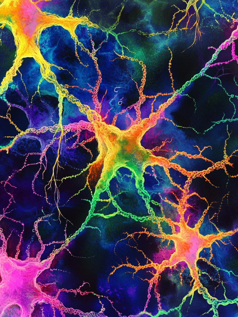 Vivid Network of Multicolored Neurons with Radiating Electric Connections Against a Deep Blue Background Biology Abstract 18 x 24 Inch MineeForm Wall Art Poster