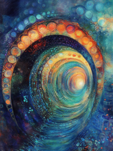 Vibrant Celestial Spiral of Interwoven Colors and Luminescent Spheres Expanding into a Cosmic Vortex Biology Abstract 18 x 24 Inch MineeForm Wall Art Poster