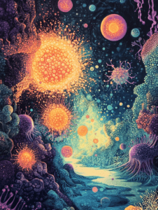 Vibrant Celestial Orbs and Organic Structures in a Cosmic Underwater Landscape with Luminescent Creature Forms and Diverse Coral-Like Patterns Biology Abstract 18 x 24 Inch MineeForm Wall Art Poster