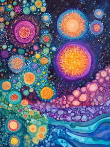 Vibrant Cosmic Cells in a Luminous Abstract Universe with Flowing Patterns and Circular Clusters Biology Abstract 18 x 24 Inch MineeForm Wall Art Poster