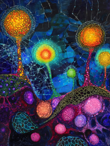 Vibrant Cellular Structures with Luminous Spheres and Interwoven Web Patterns in Cosmic Setting Biology Abstract 18 x 24 Inch MineeForm Wall Art Poster