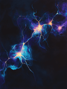 Luminous Network of Electric Blue Neurons Interconnected with Fiery Orange Synapses Illuminating a Dark Background Biology Abstract 18 x 24 Inch MineeForm Wall Art Poster