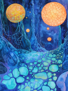 Mystical Celestial Orbs and Interwoven Patterns in a Vivid Blue and Orange Biologic Dreamscape Biology Abstract 18 x 24 Inch MineeForm Wall Art Poster