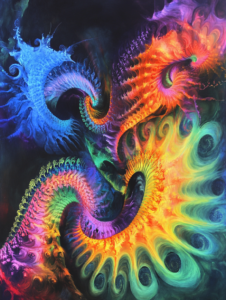 Vibrant Swirling Vortex of Multicolored Fractal Patterns Resembling Spiraling Dragons in a Cosmic Dance Against a Dark Abyss Biology Abstract 18 x 24 Inch MineeForm Wall Art Poster