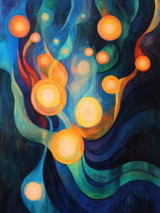 Luminous Spheres in a Whirl of Deep Blues and Greens with Flowing Vibrant Orange Streams Encircling Glowing Orbs in an Abstract Cosmic Dance Biology Abstract 18 x 24 Inch MineeForm Wall Art Poster