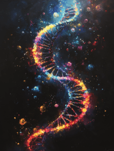 Glowing Helical DNA Strand Amidst Cosmic Nebulae and Vibrant Celestial Patterns Biology Abstract 18 x 24 Inch MineeForm Wall Art Poster